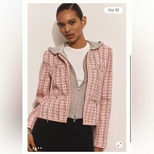 Anthropologie Hooded Dickie Tweed Jacket Pink Medium Classic Modern‎ Casual Chic